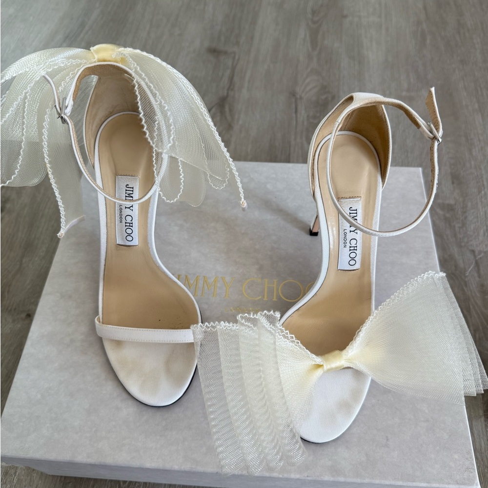 Jimmy Choo Cream Heels with Mesh Bow